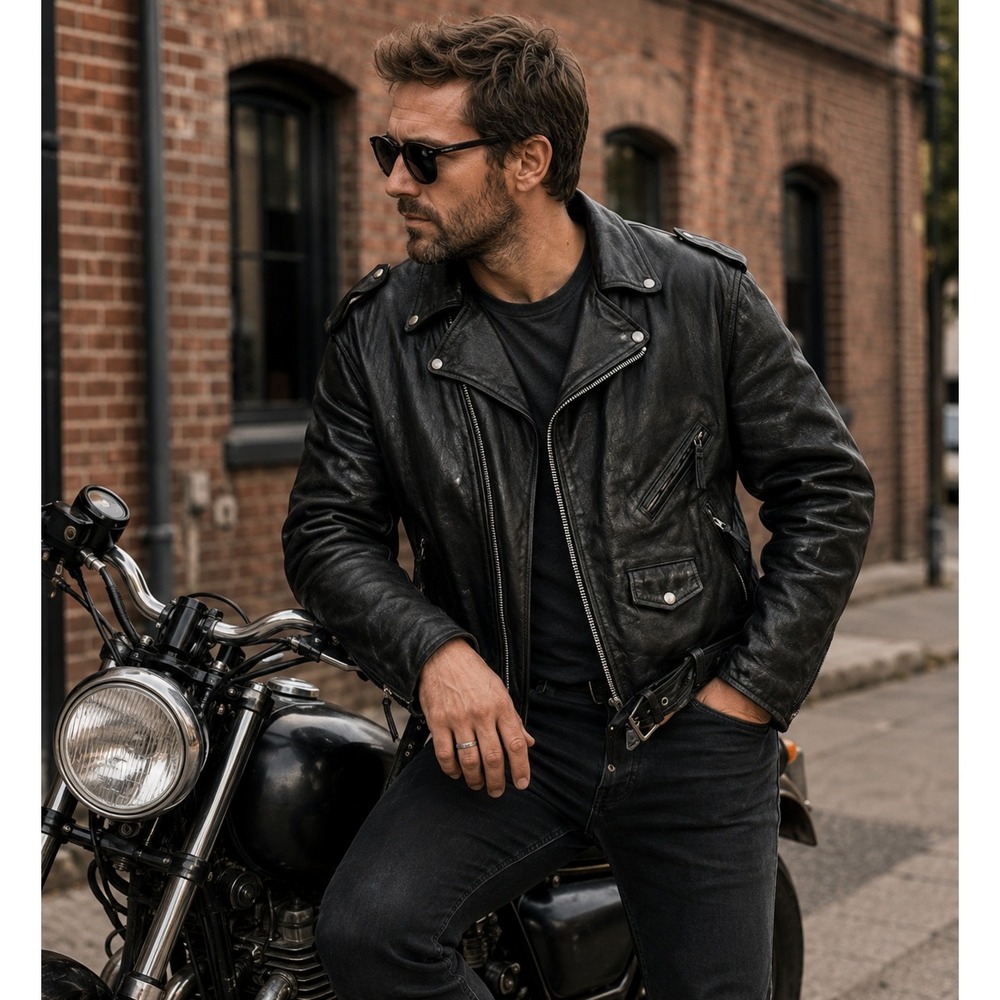 First Genuine Leather Mens Black Biker Motorcycle Jacket Lace Up Sides Size XXL